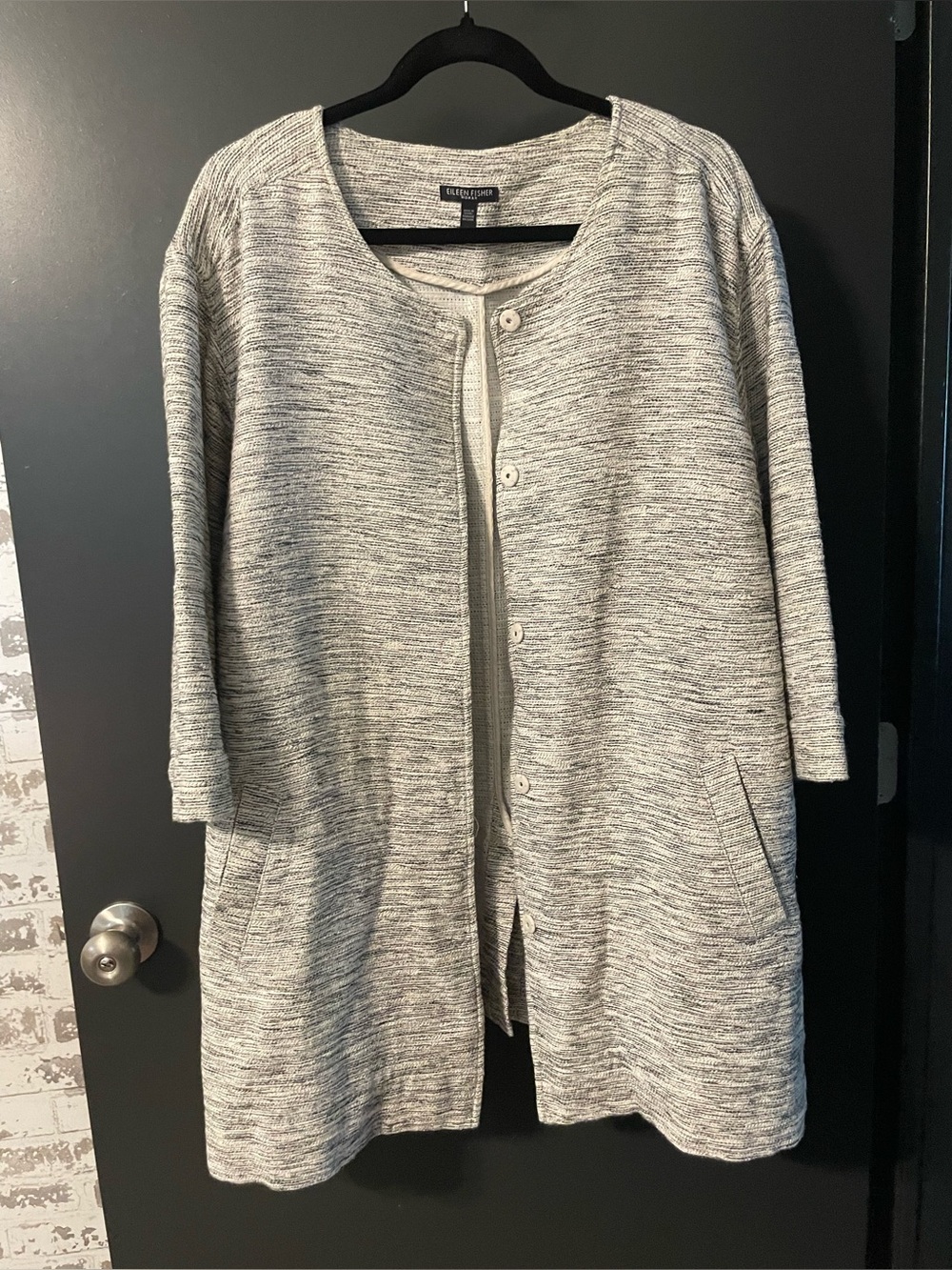 Eileen Fisher Woman 2X Tweed-Textured Cotton Blend Snap-Front Cardigan Gray